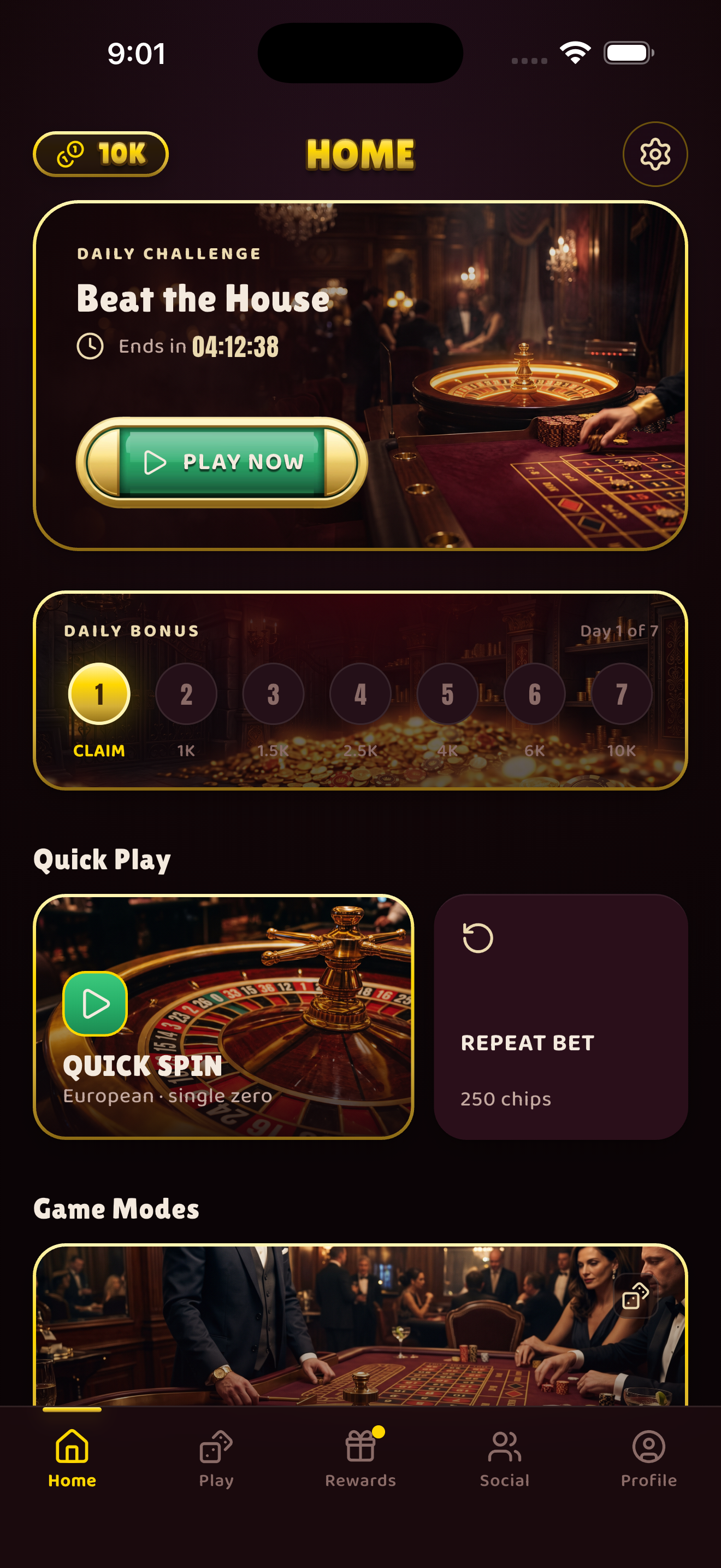 Grand Wheel home lobby with daily challenge and quick spin