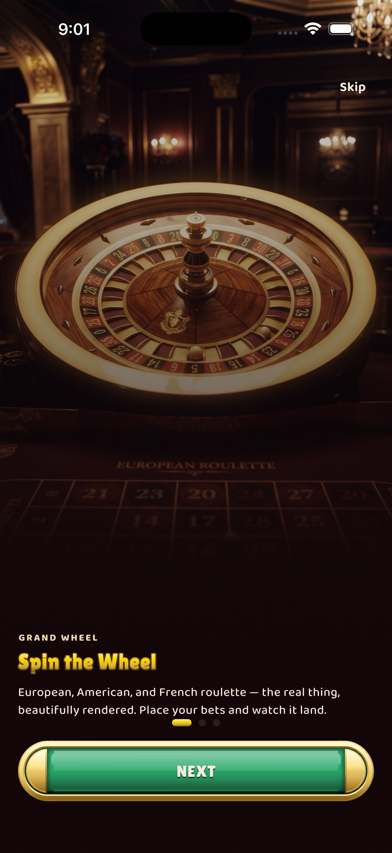 Grand Wheel onboarding screen featuring a European roulette wheel