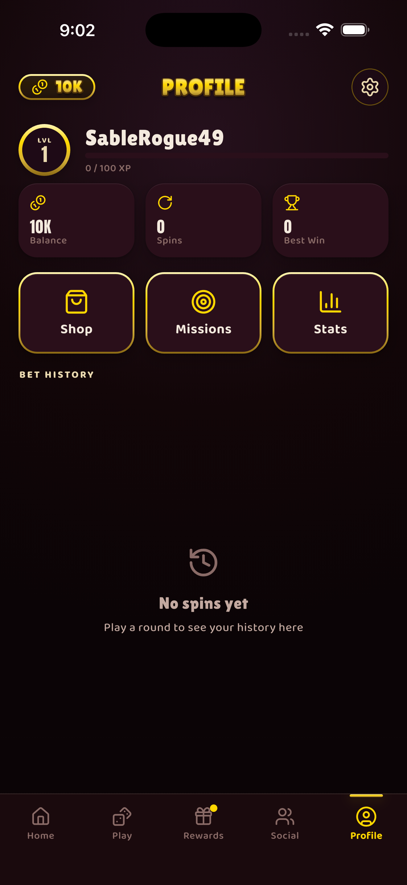 Player profile with level, balance, shop, and missions