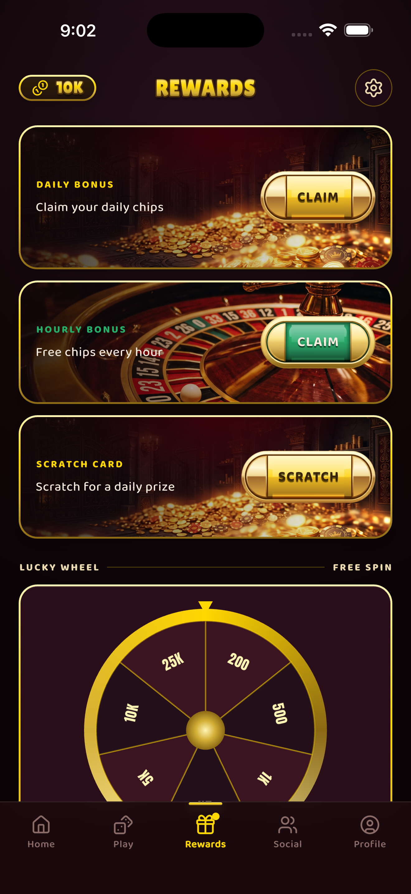 Rewards screen with daily bonus, hourly bonus, and lucky wheel