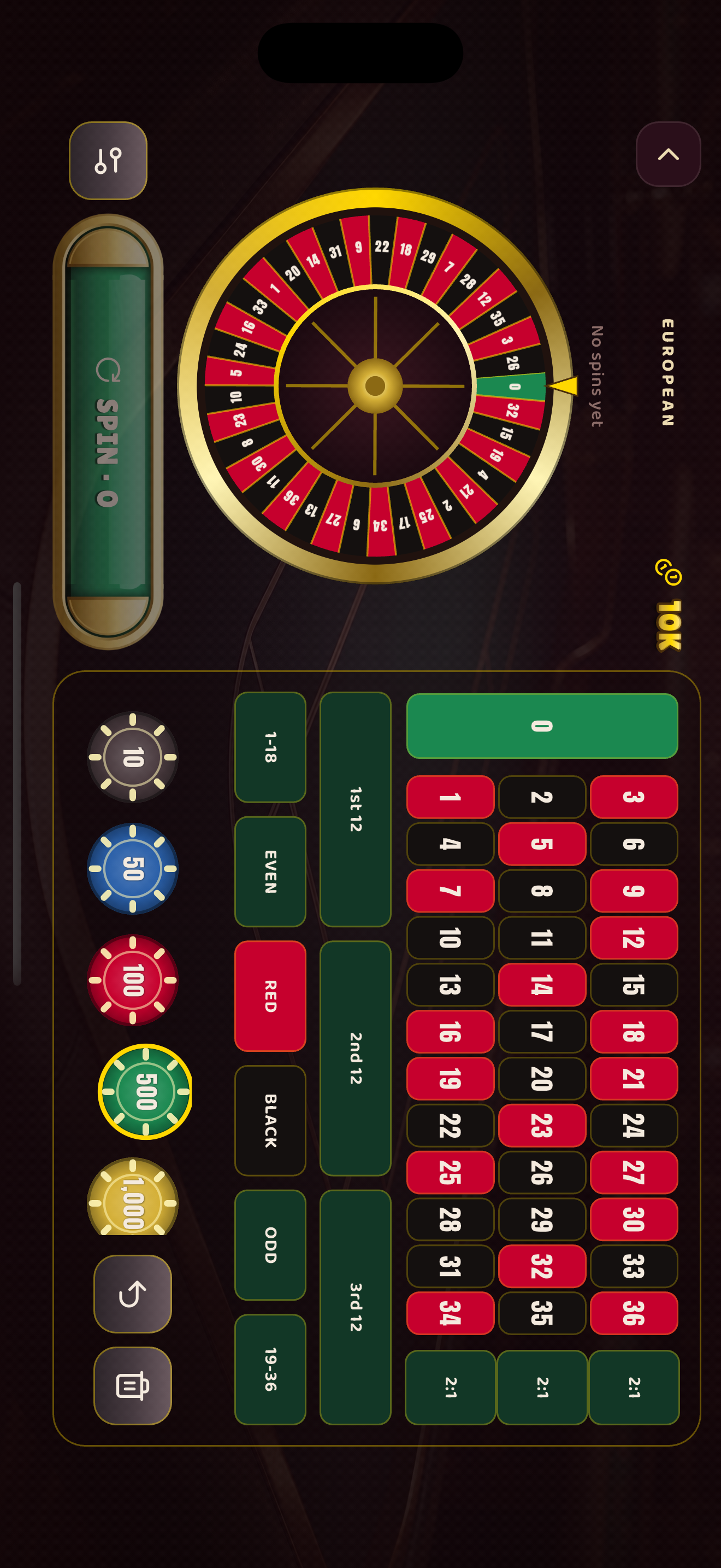 European roulette table with betting grid and chip tray